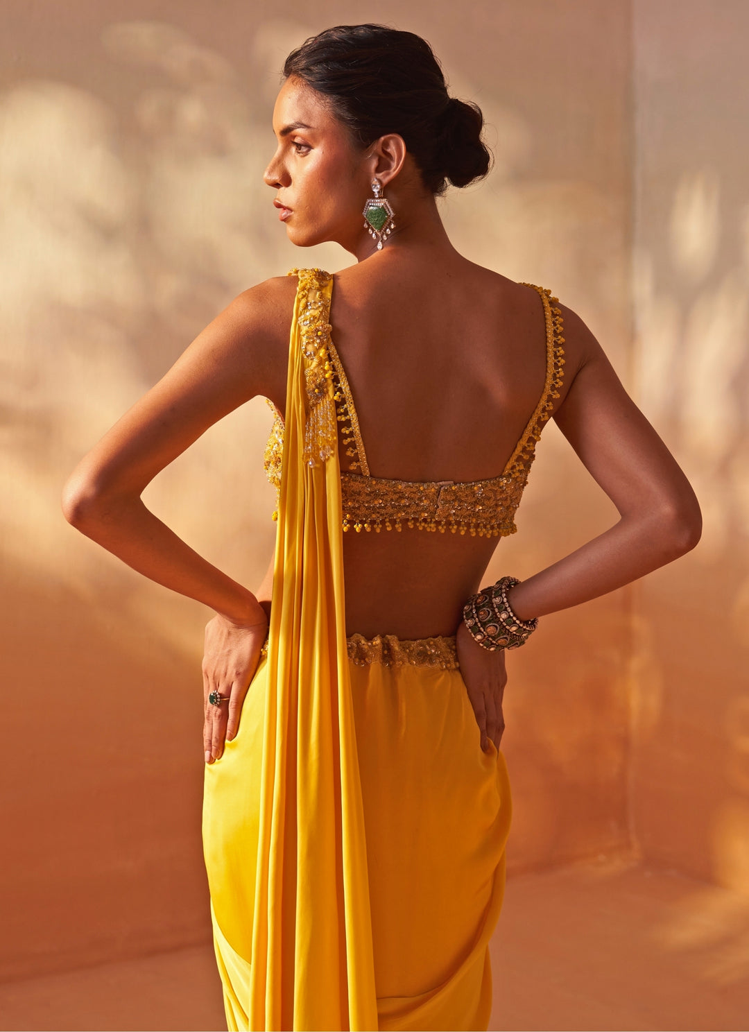 Yellow Satin Pre Draped Saree