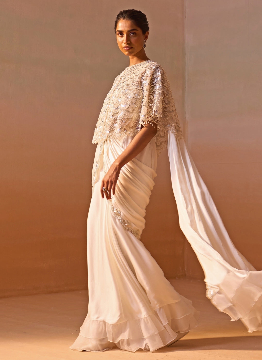 Ivory Satin Pre Draped Saree With Cape