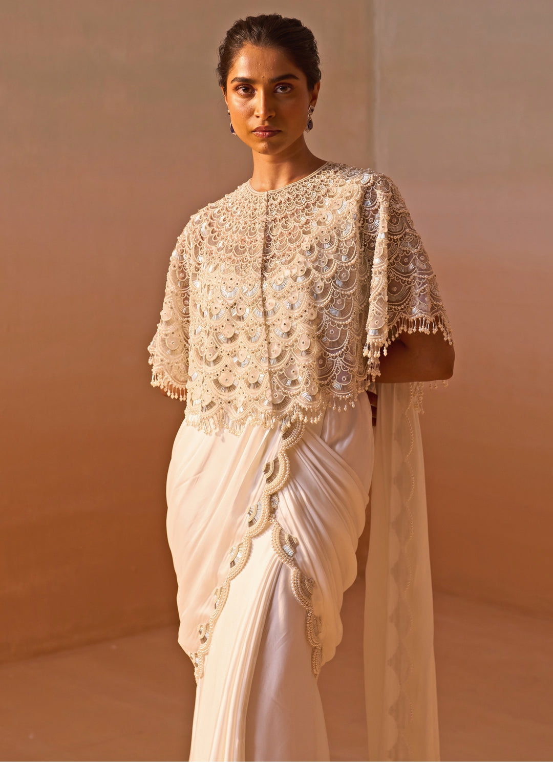 Ivory Satin Pre Draped Saree With Cape