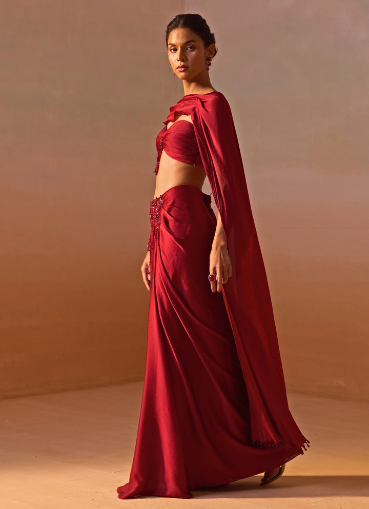 Maroon Red Crushed Satin Pre Draped Saree