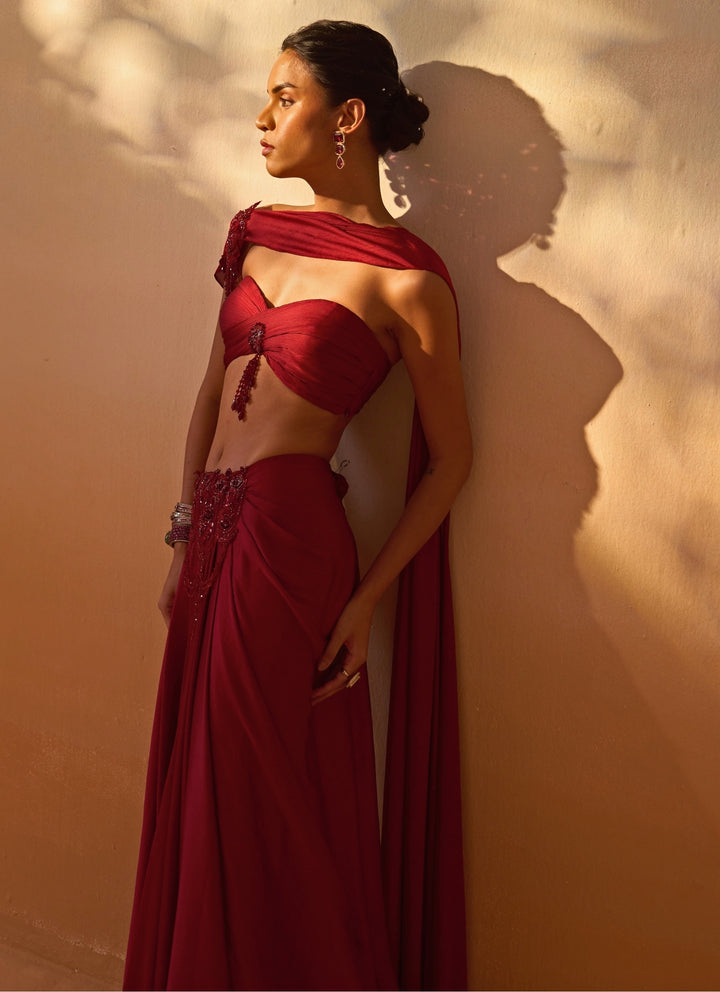 Maroon Red Crushed Satin Pre Draped Saree