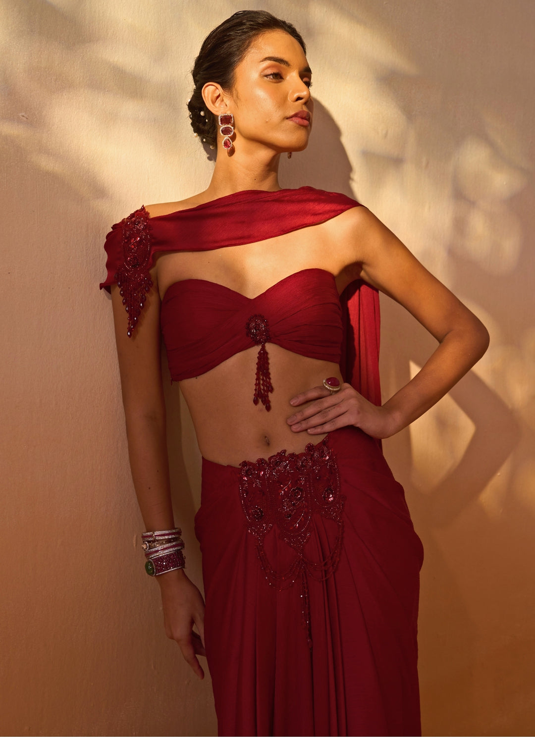 Maroon Red Crushed Satin Pre Draped Saree