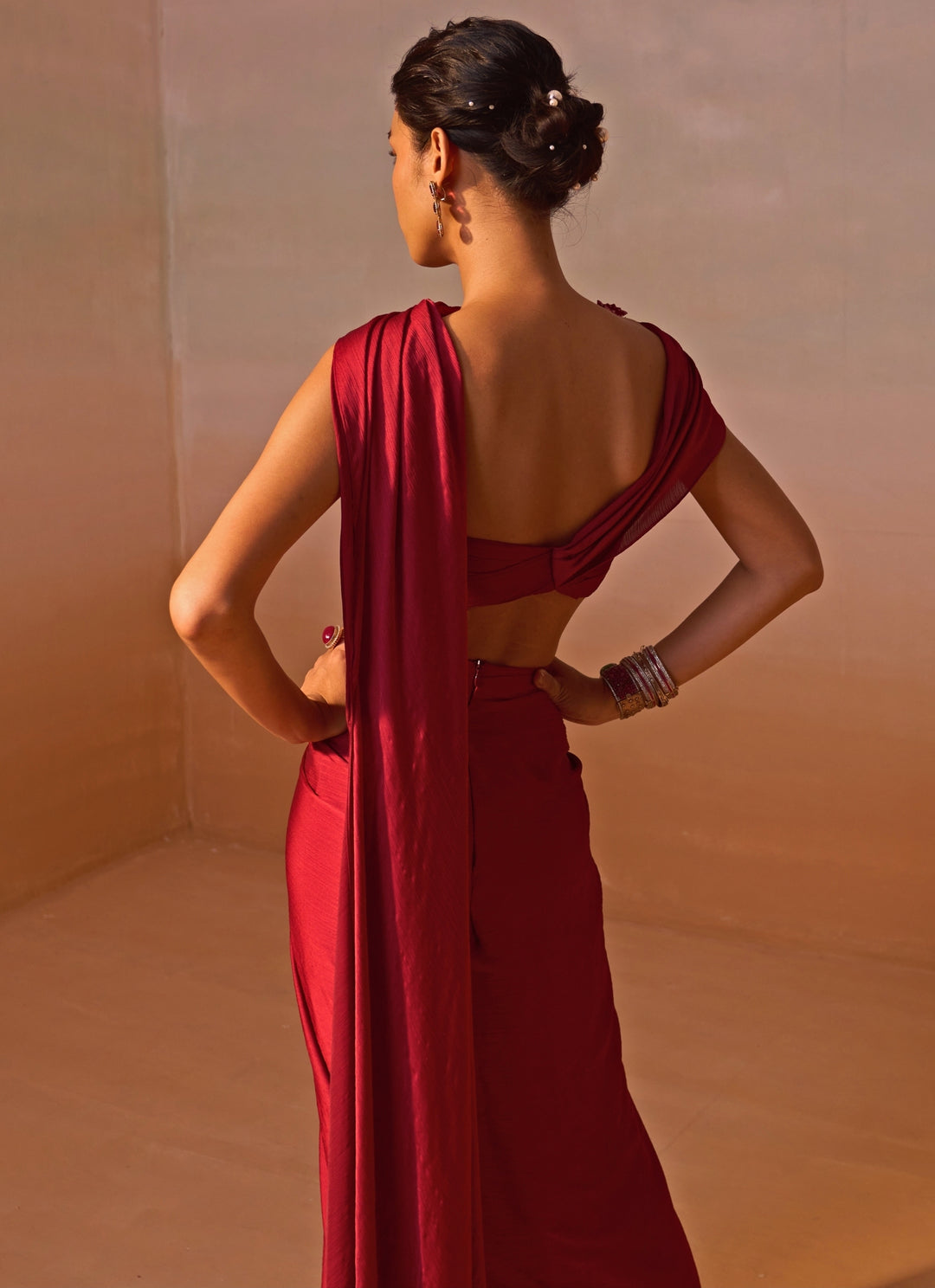 Maroon Red Crushed Satin Pre Draped Saree
