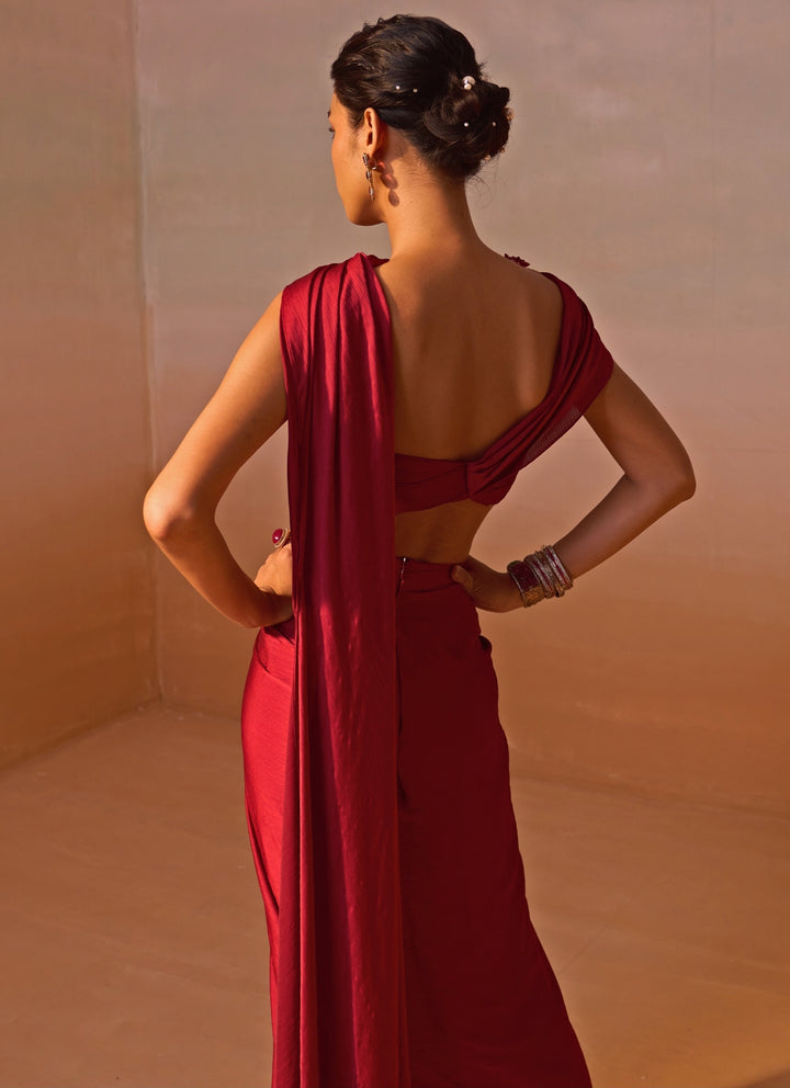 Maroon Red Crushed Satin Pre Draped Saree