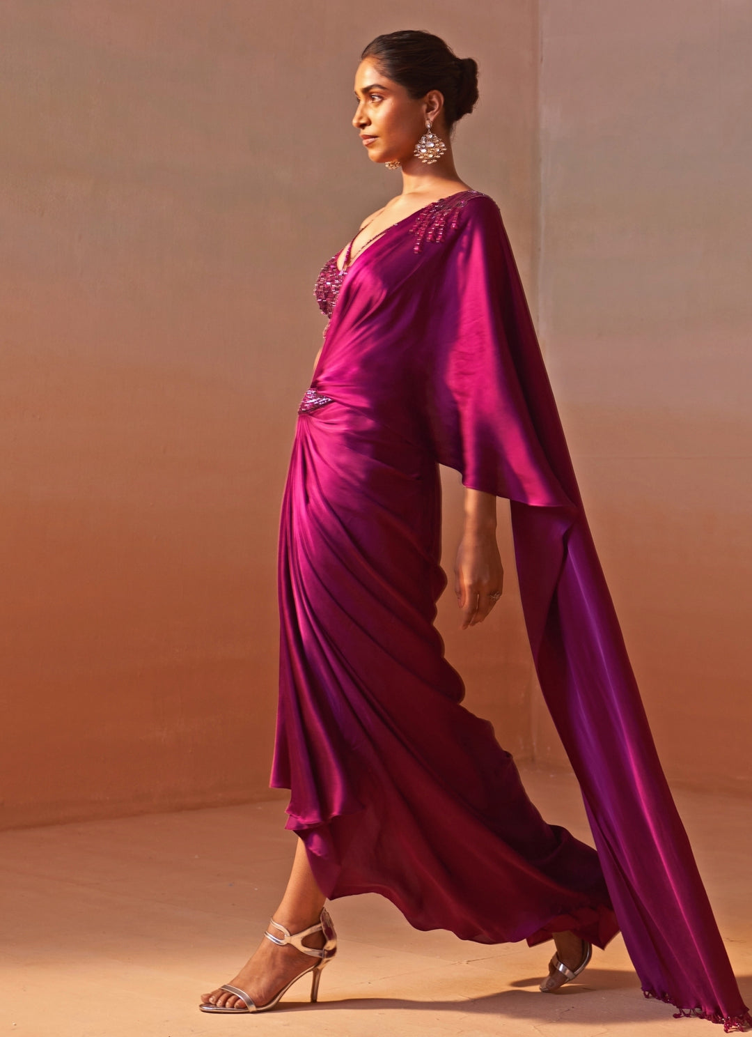 Wine Satin Pre Draped Saree