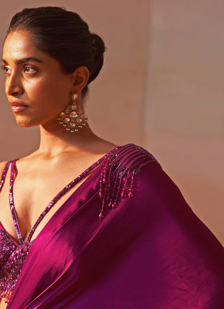 Wine Satin Pre Draped Saree