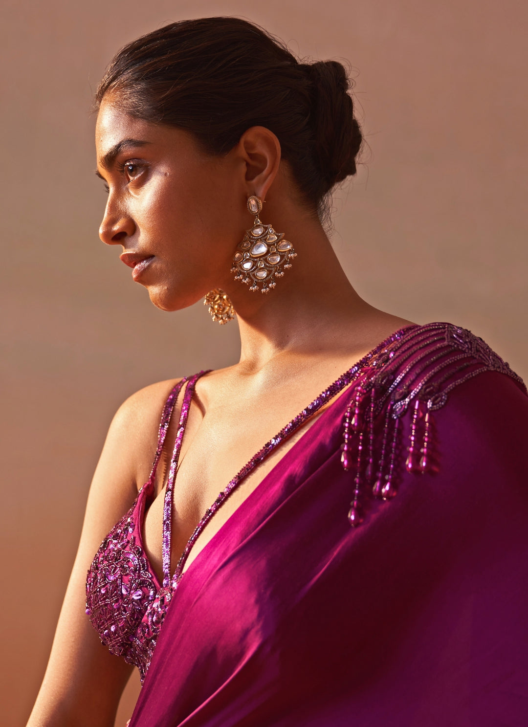 Wine Satin Pre Draped Saree