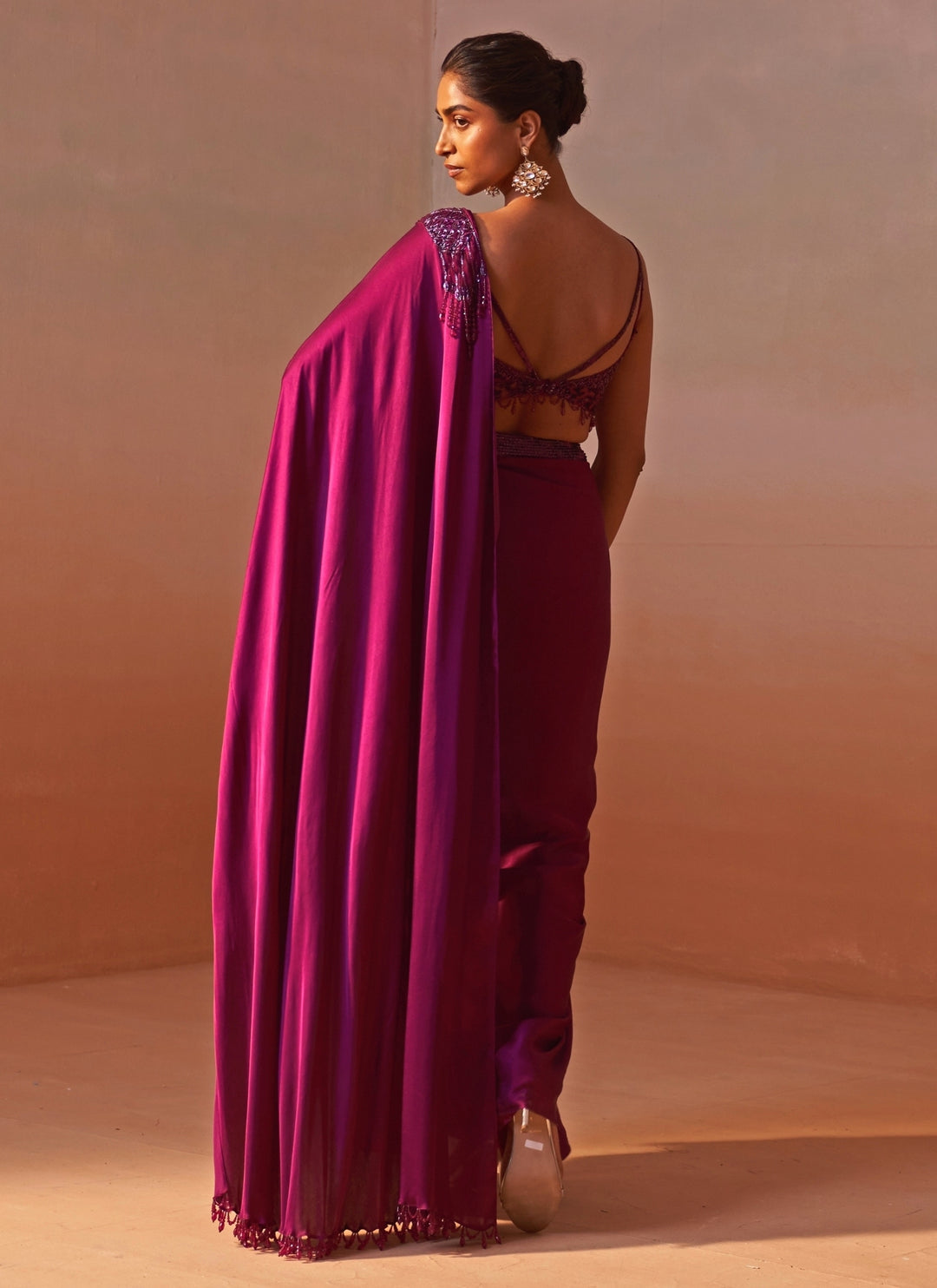Wine Satin Pre Draped Saree