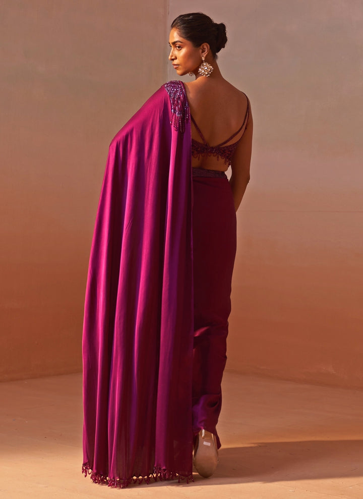 Wine Satin Pre Draped Saree