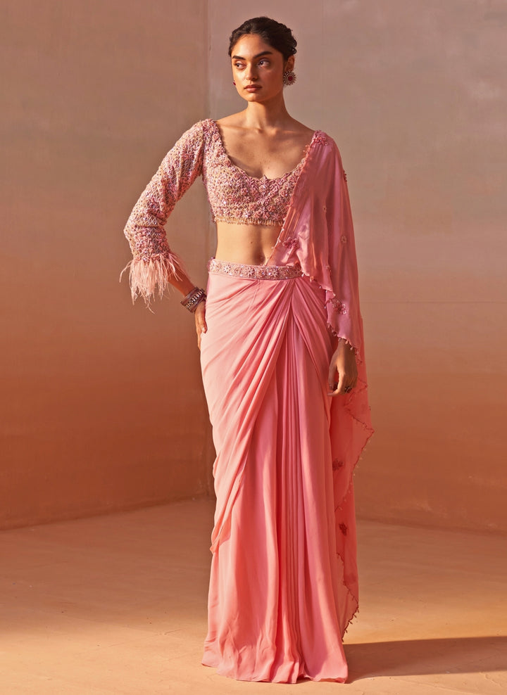 Pink Georgette Pre Draped Saree
