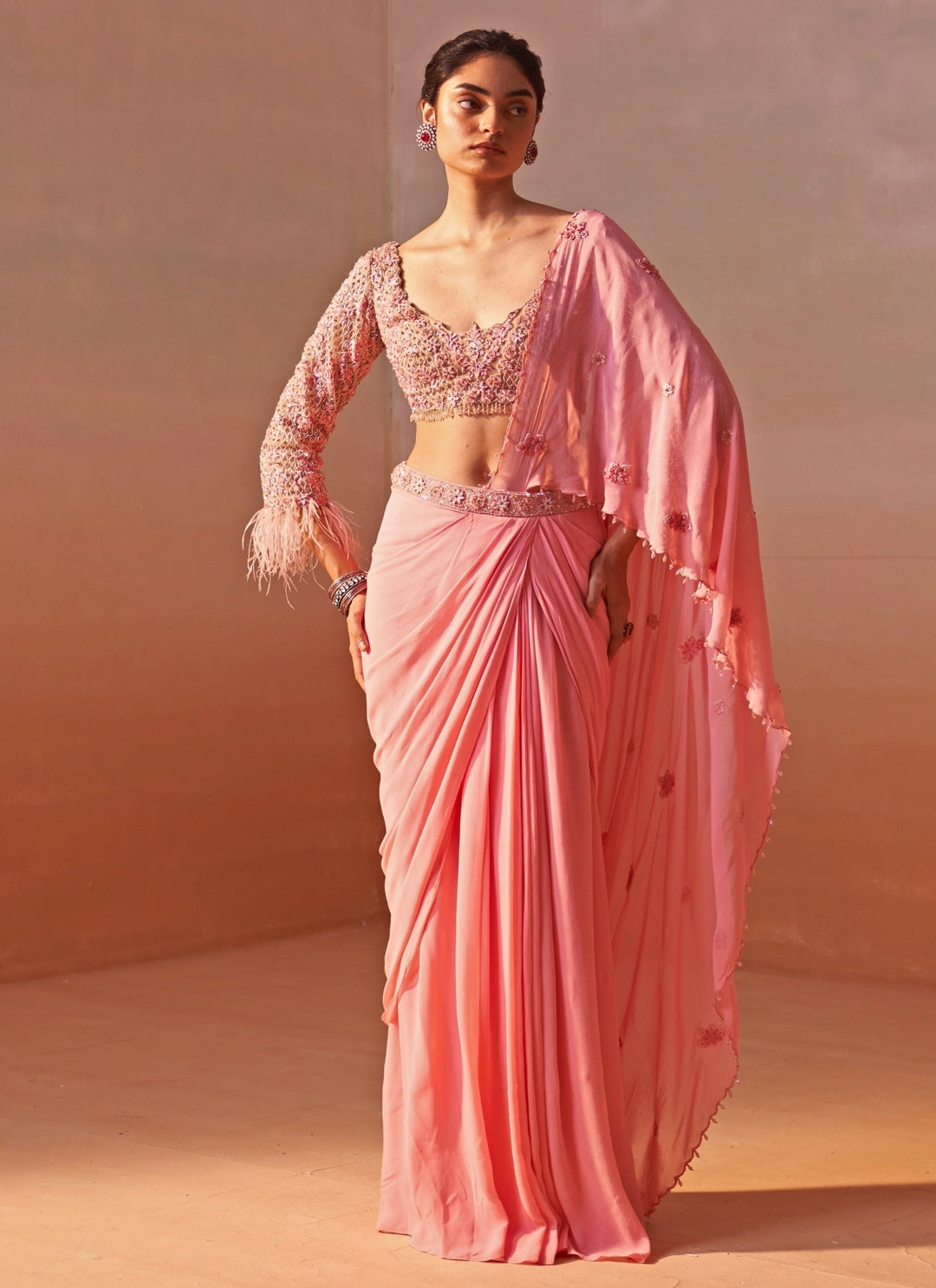 Pink Georgette Pre Draped Saree
