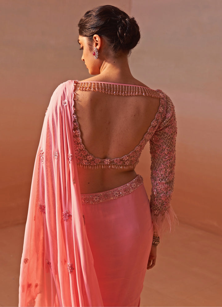 Pink Georgette Pre Draped Saree