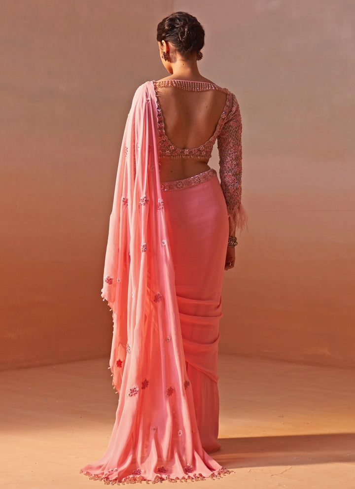 Pink Georgette Pre Draped Saree
