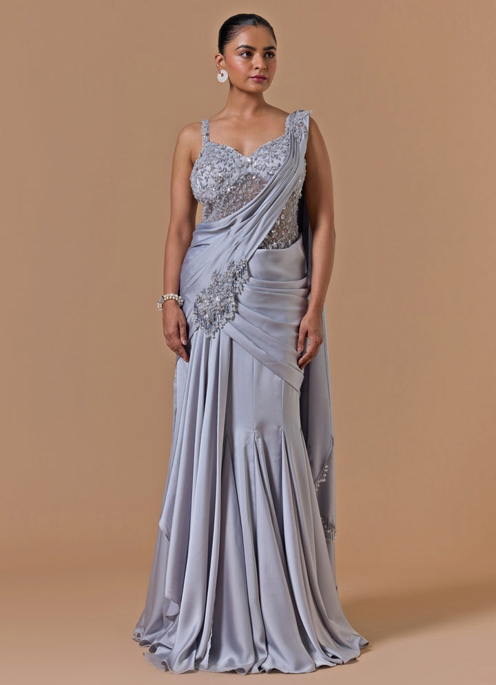 Grey Satin Pre-Draped Saree Gown