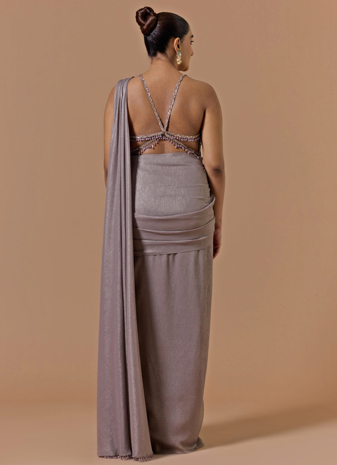 Mud Grey Shimmer Georgette Pre-Draped Saree
