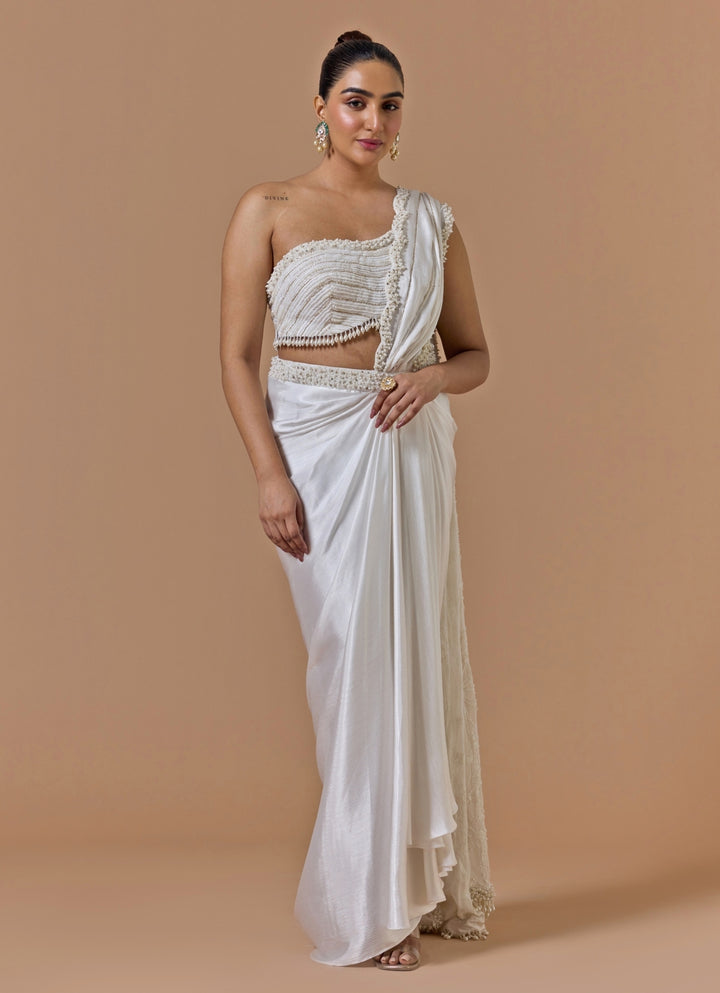 Ivory Satin One Shoulder Pre-Draped Saree