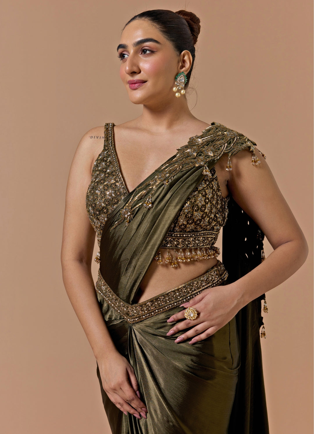 Olive Green Satin Pre-Draped Saree