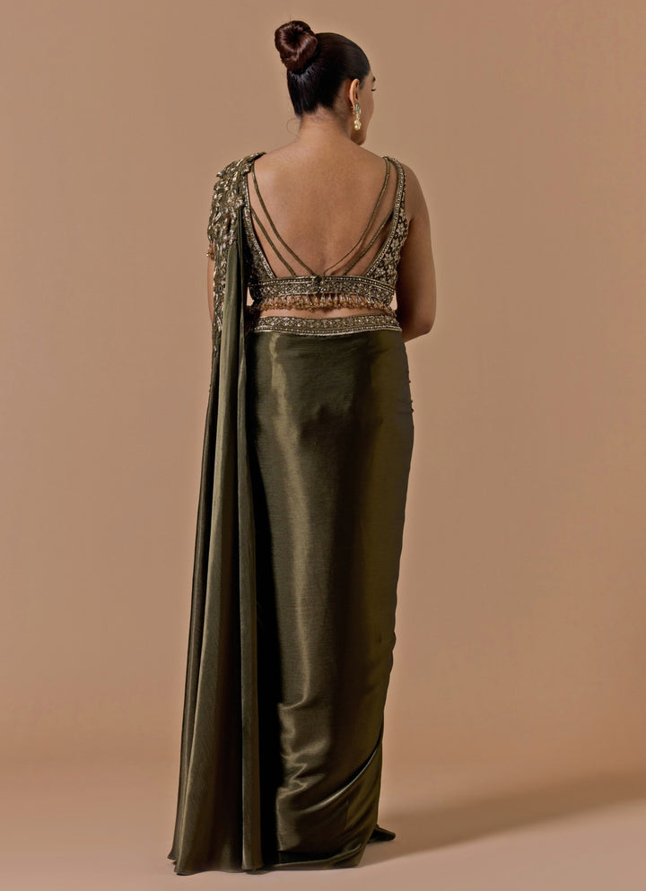 Olive Green Satin Pre-Draped Saree