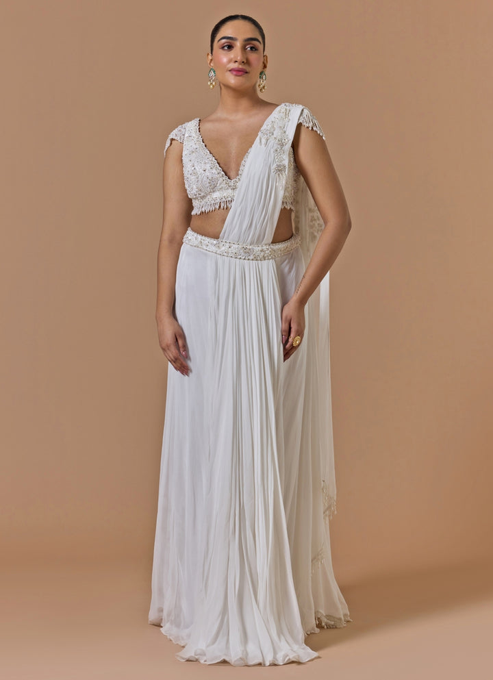 Ivory Georgette Pre-Draped Sareee