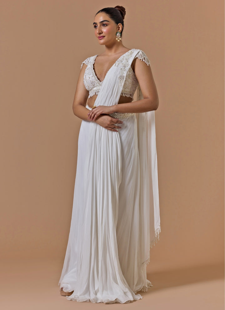 Ivory Georgette Pre-Draped Sareee