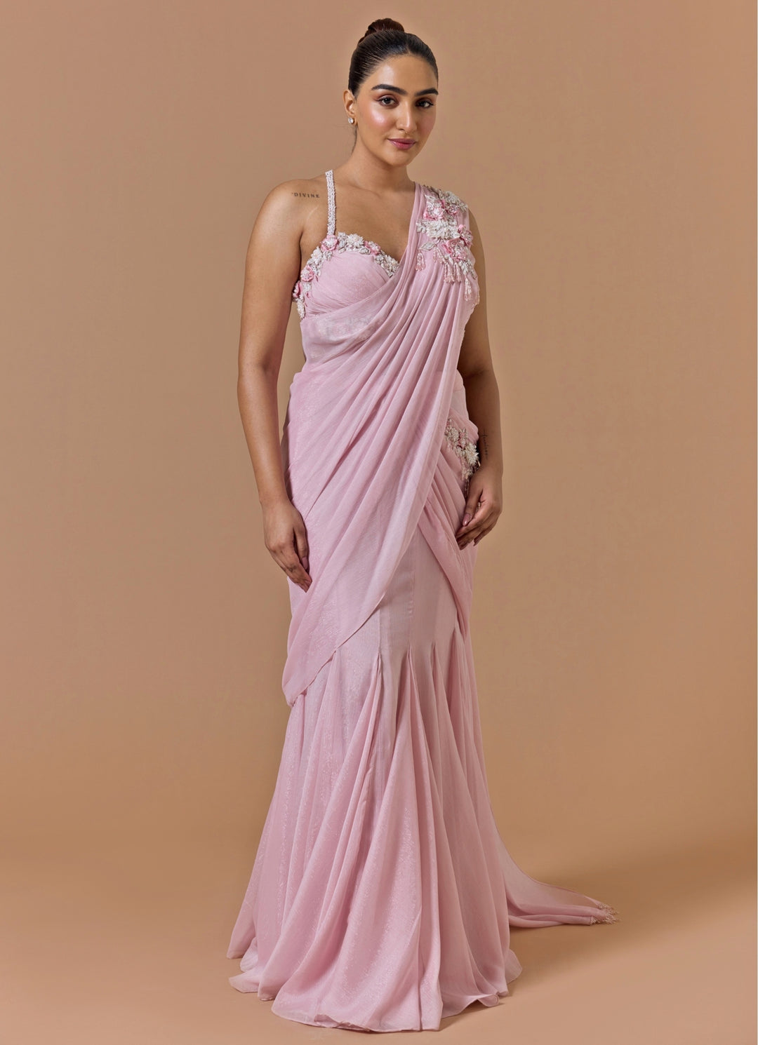 Powder Pink Shimmer Georgette Pre-Draped Saree