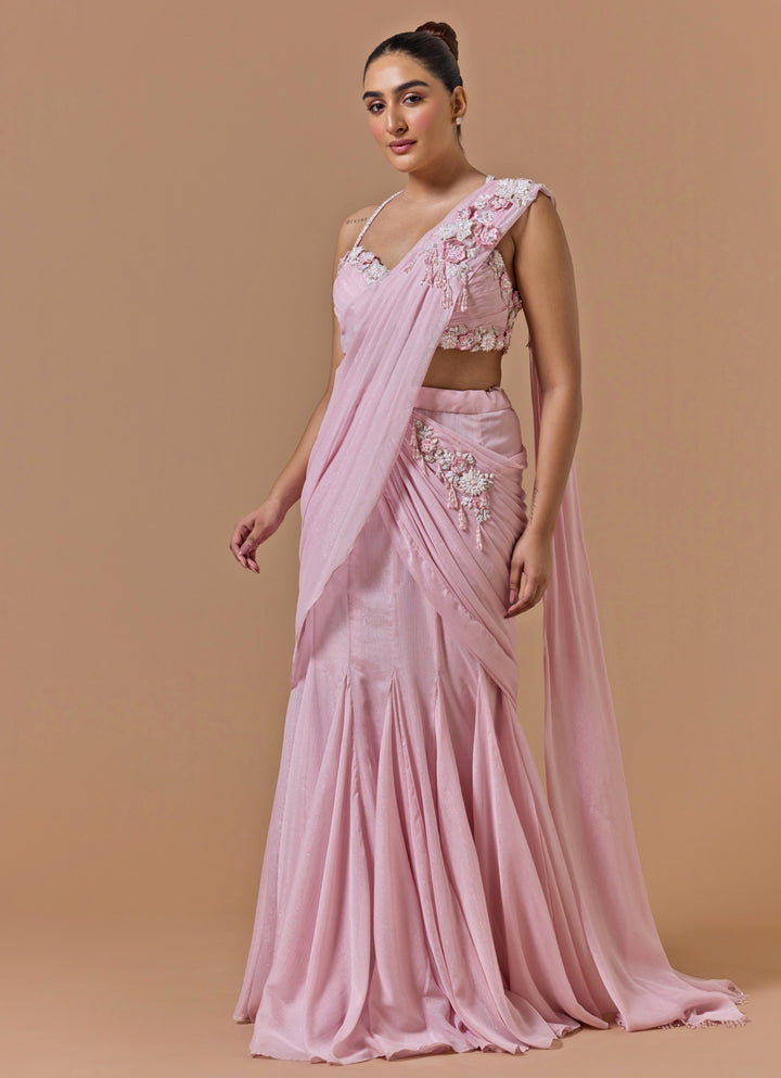 Powder Pink Shimmer Georgette Pre-Draped Saree