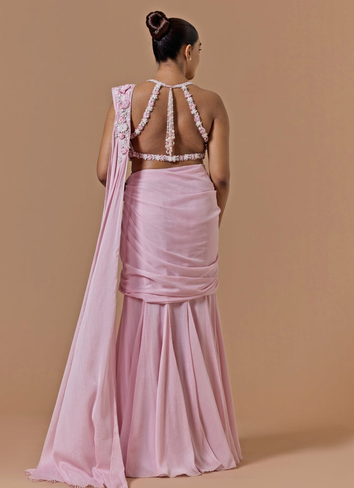 Powder Pink Shimmer Georgette Pre-Draped Saree