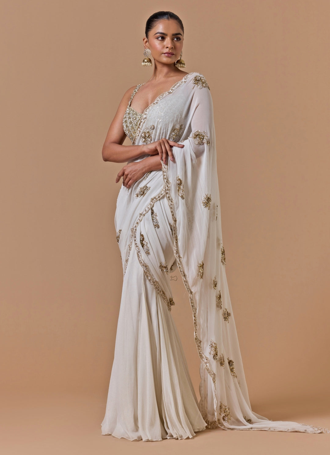 Cream Shimmer Georgette Pre-Draped Saree
