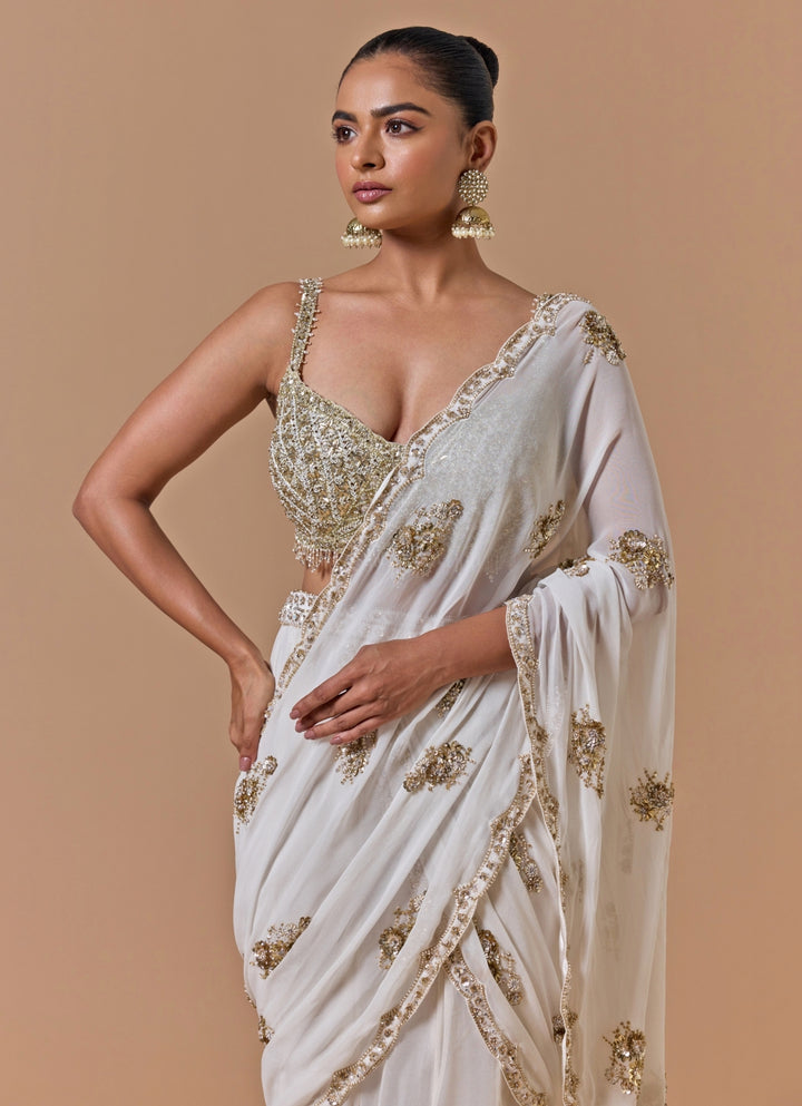 Cream Shimmer Georgette Pre-Draped Saree