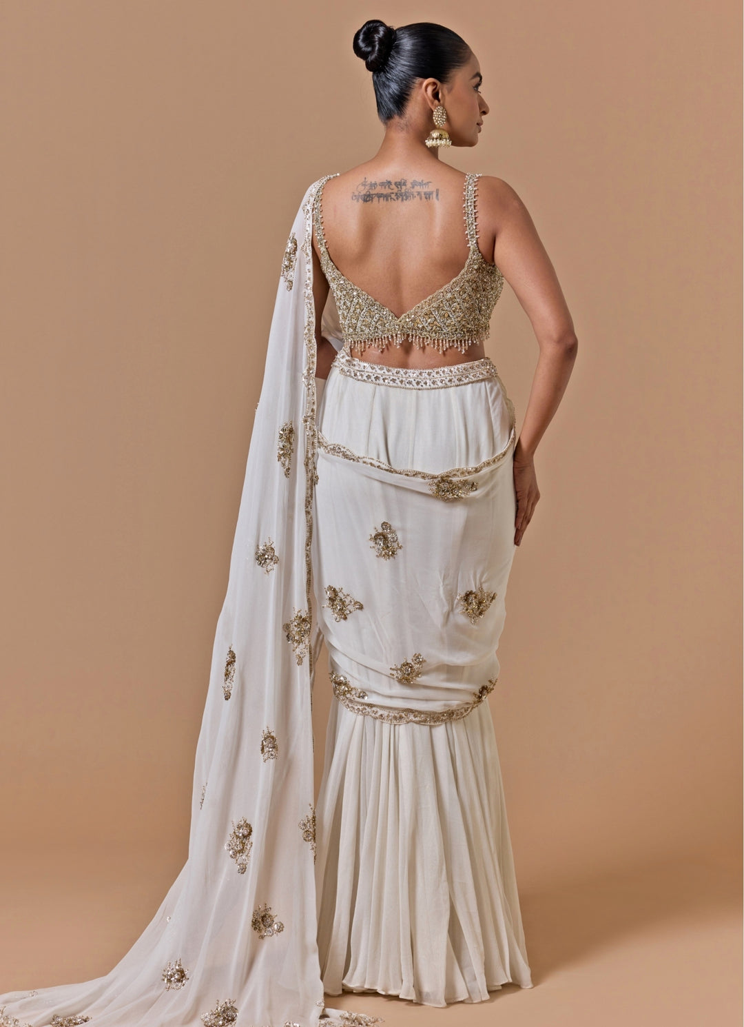 Cream Shimmer Georgette Pre-Draped Saree