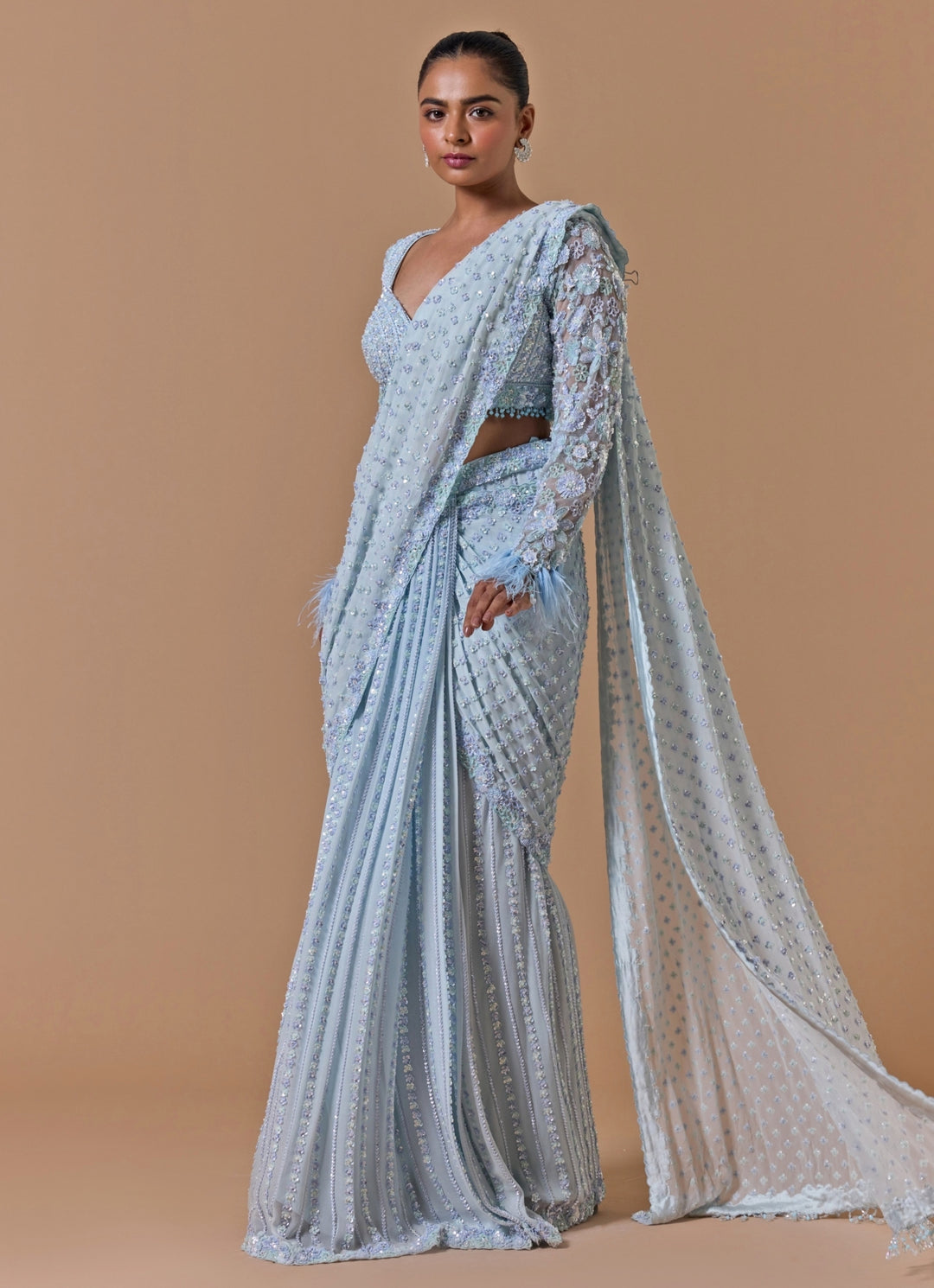 Powder Blue Shimmer Georgette Pre-Draped Saree