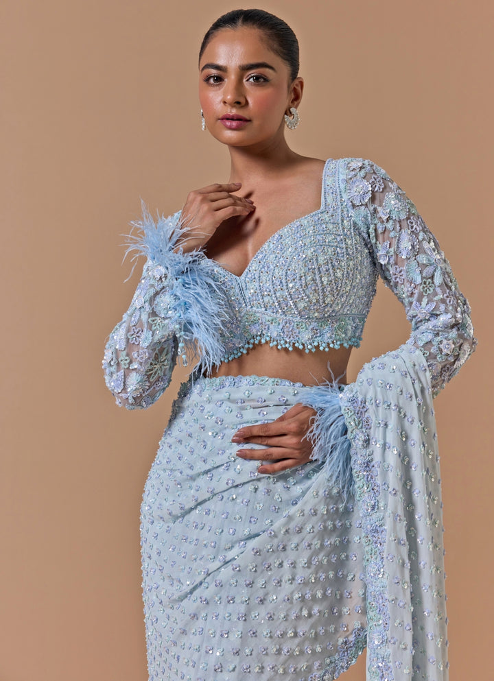 Powder Blue Shimmer Georgette Pre-Draped Saree