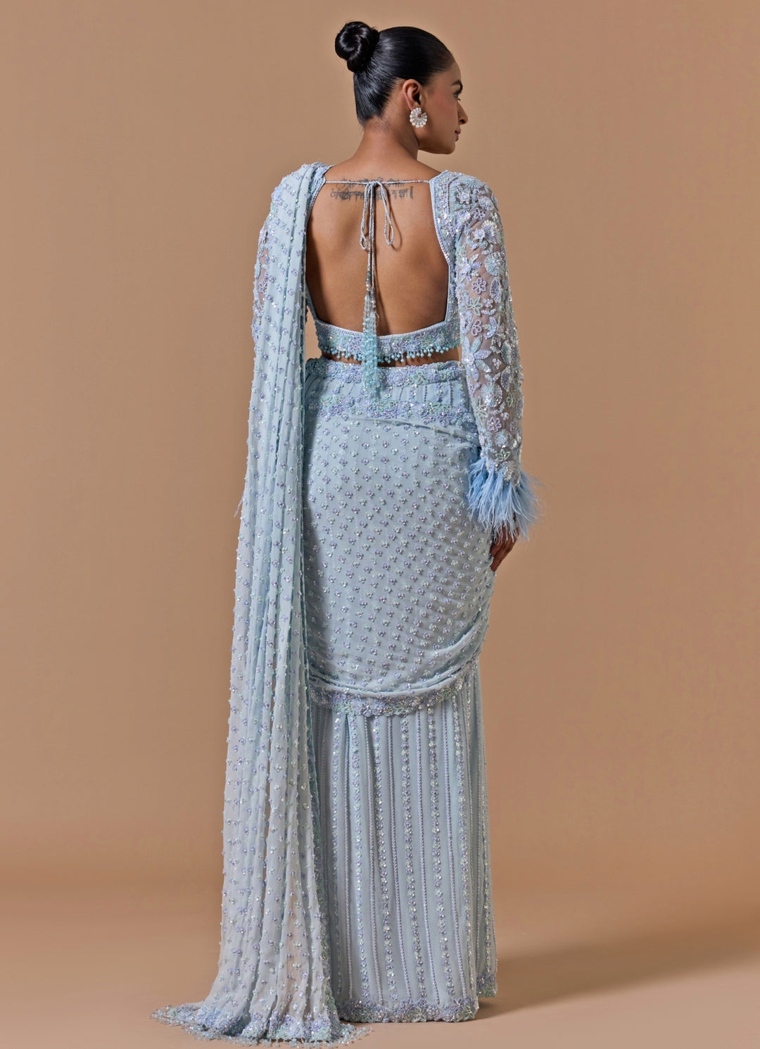 Powder Blue Shimmer Georgette Pre-Draped Saree