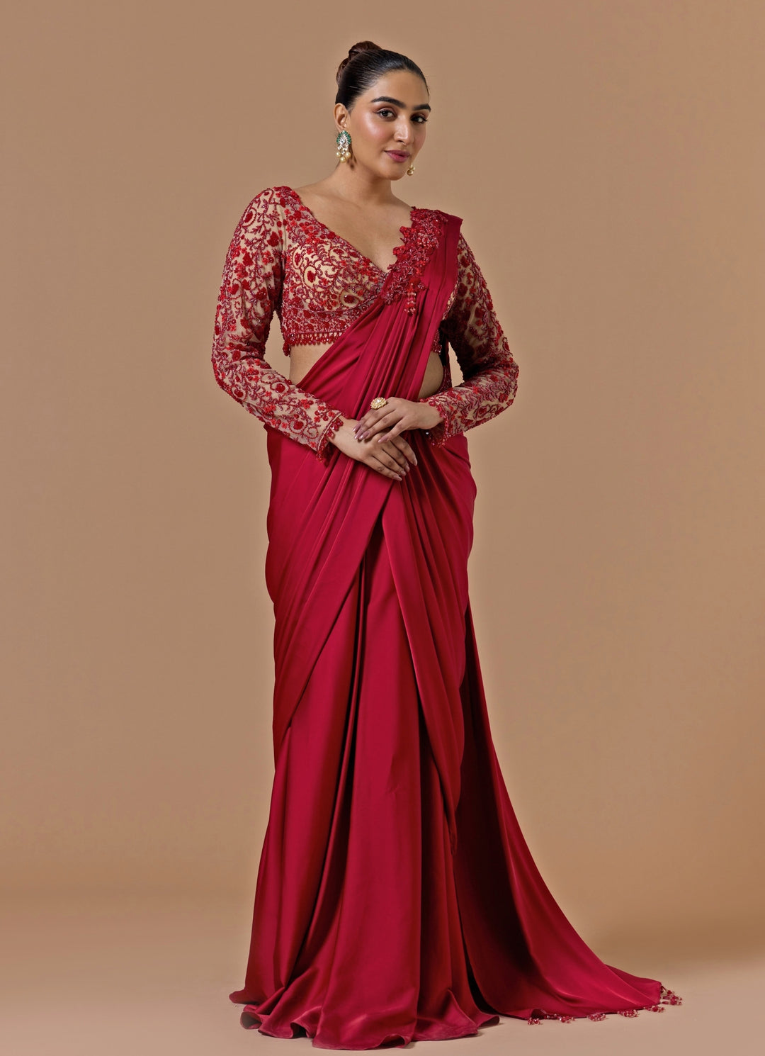 Red Satin Pre-Draped Saree