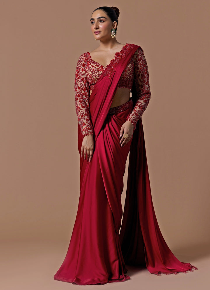 Red Satin Pre-Draped Saree