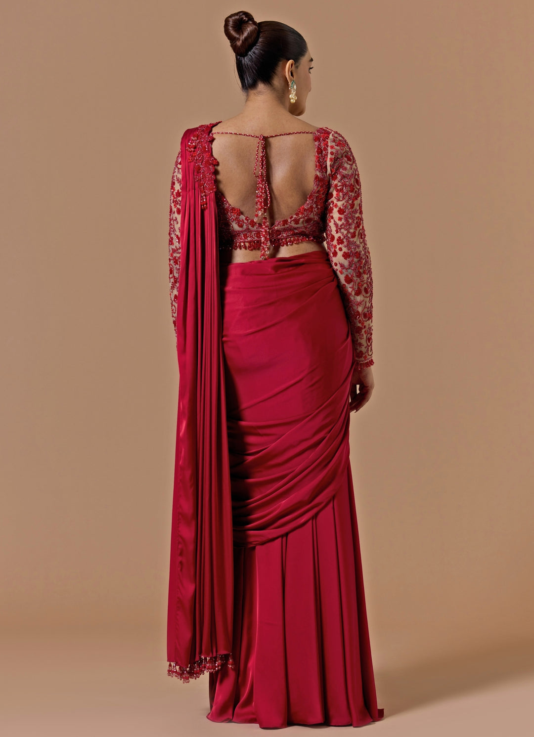 Red Satin Pre-Draped Saree