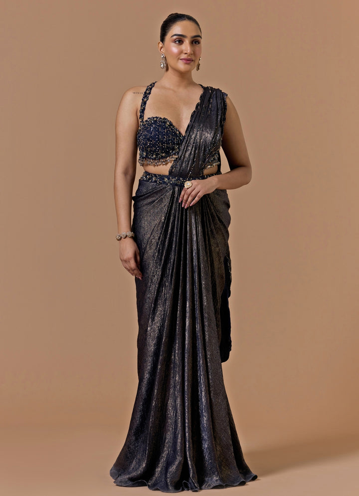 Navy Blue Satin Pre-Draped Saree