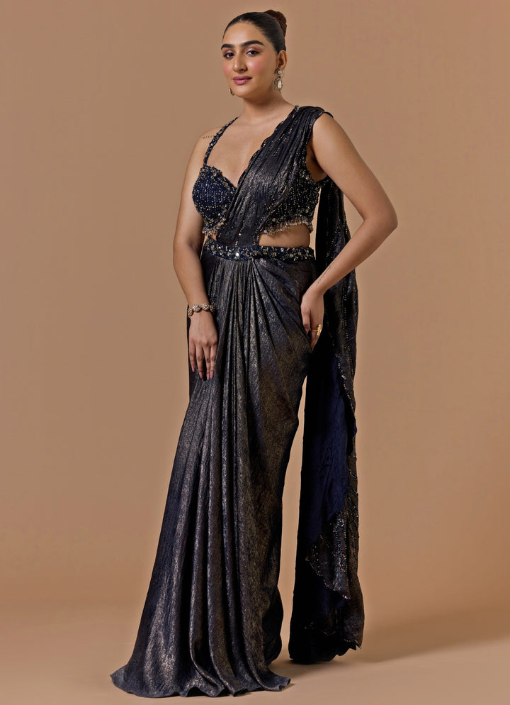 Navy Blue Satin Pre-Draped Saree