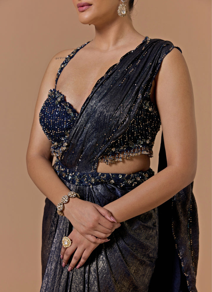 Navy Blue Satin Pre-Draped Saree