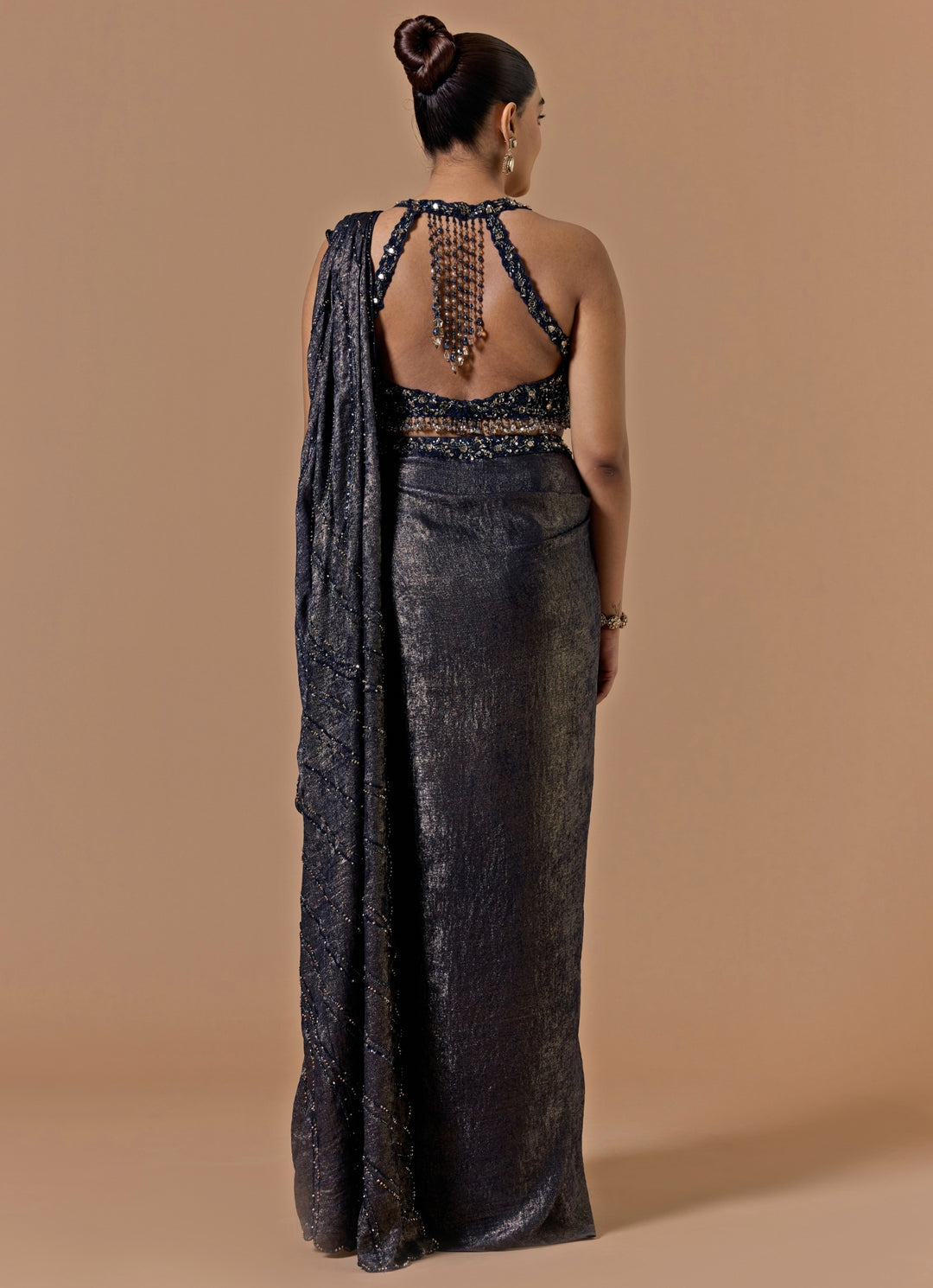 Navy Blue Satin Pre-Draped Saree