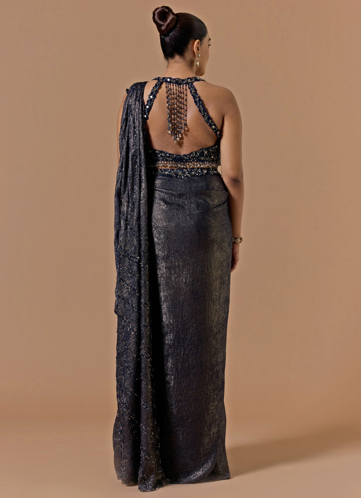 Navy Blue Satin Pre-Draped Saree