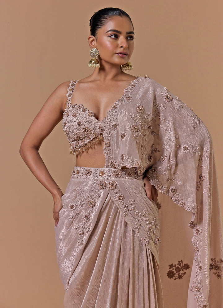 Blush Pink Chiffon Pre-Draped Saree