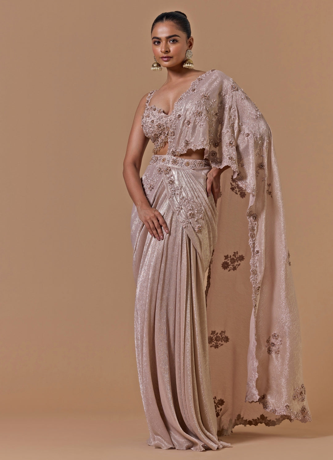 Blush Pink Chiffon Pre-Draped Saree