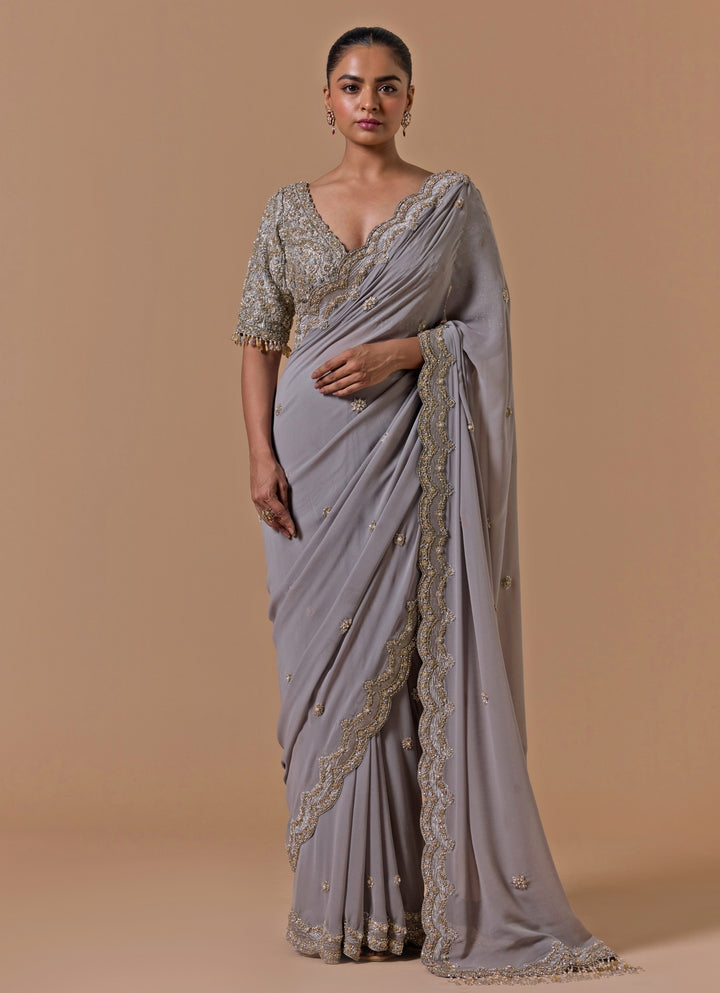 Grey Georgette Saree With Embroidered Blouse