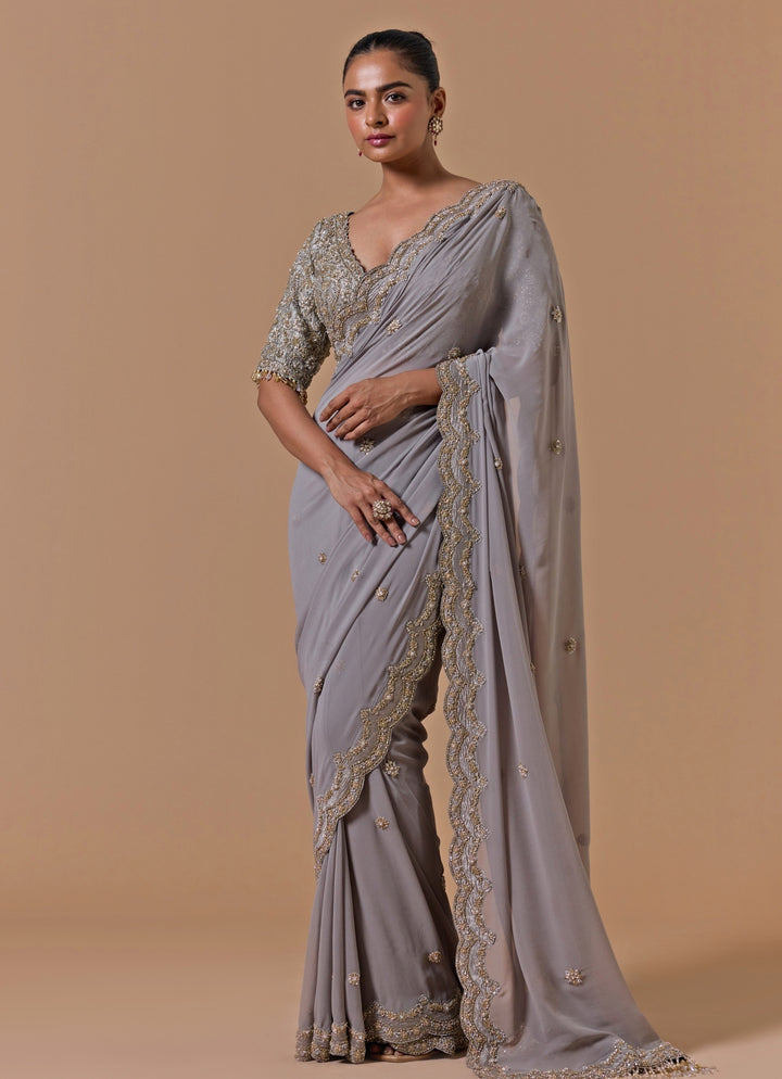 Grey Georgette Saree With Embroidered Blouse