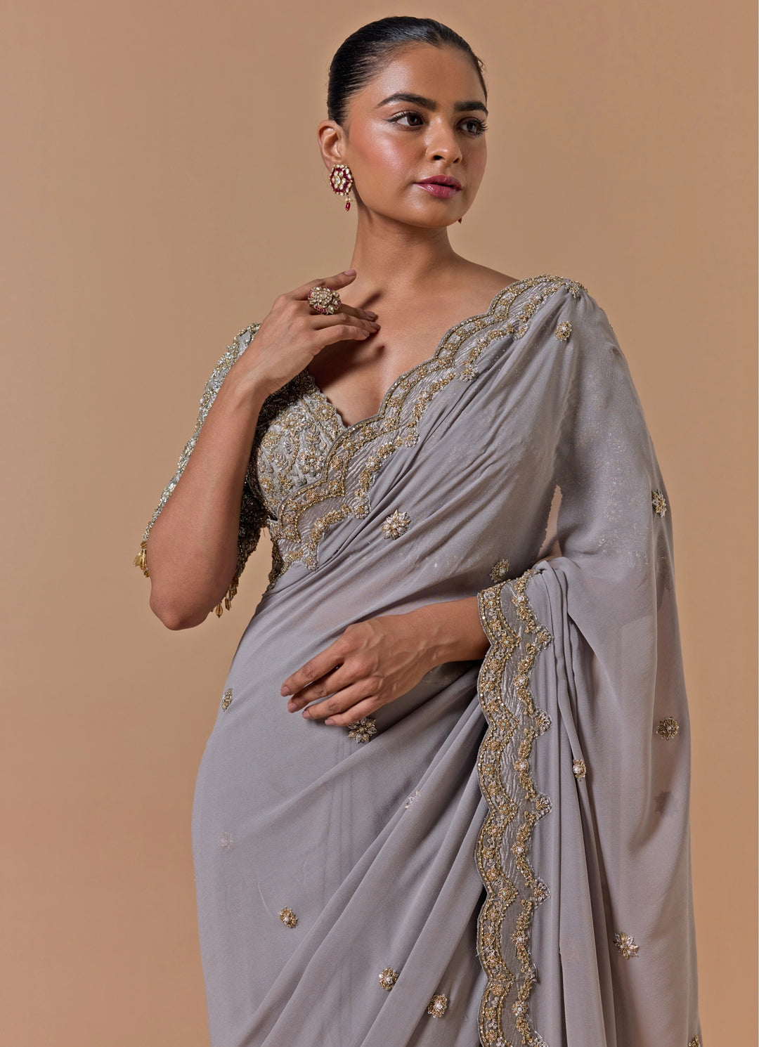 Grey Georgette Saree With Embroidered Blouse