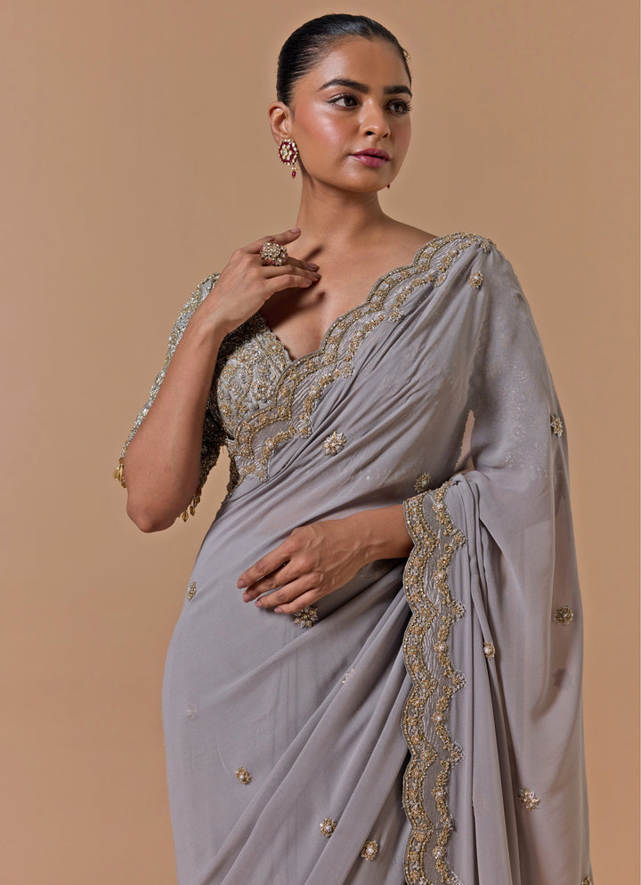 Grey Georgette Saree With Embroidered Blouse
