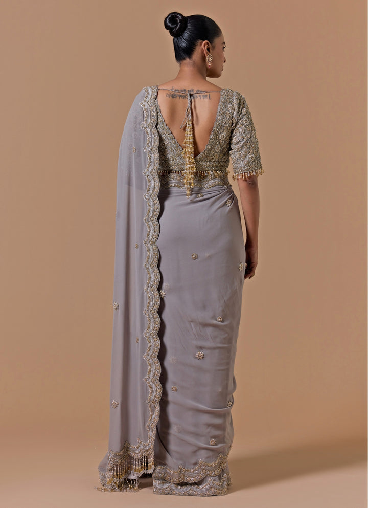 Grey Georgette Saree With Embroidered Blouse