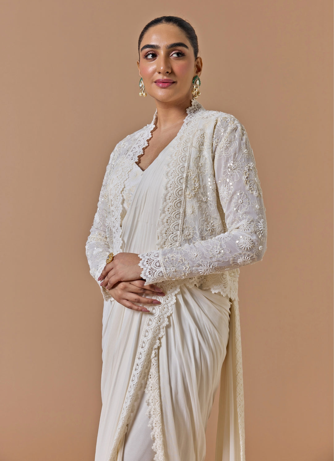 Ivory Satin Pre-Draped Saree With Jacket