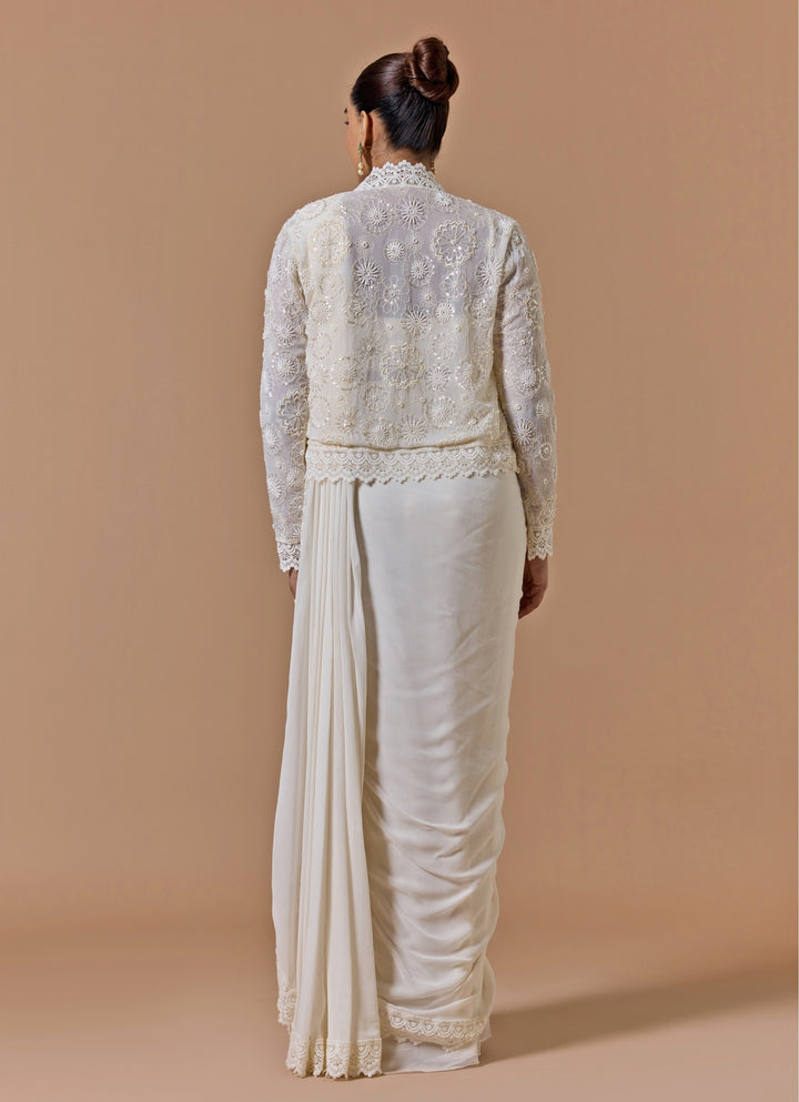 Ivory Satin Pre-Draped Saree With Jacket